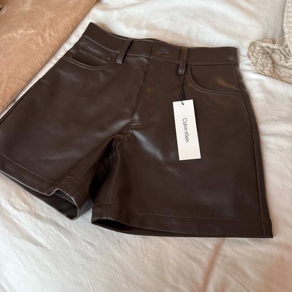 Calvin Klein Jeans Dark Brown Faux Leather High Waist Shorts